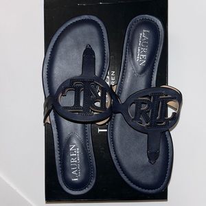 Lauren Ralph Lauren Blue T-Strap Sandals with Metallic Detail